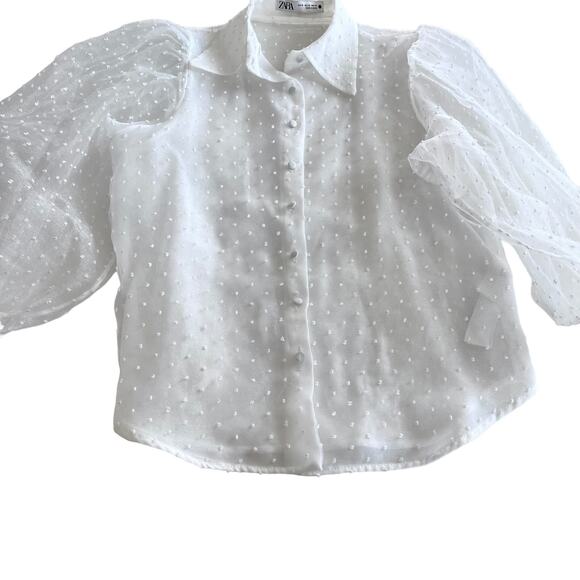 Zara White Organza Puff Sleeve Polka Swiss Dot Semi Sheer Blouse XS - Picture 6 of 14